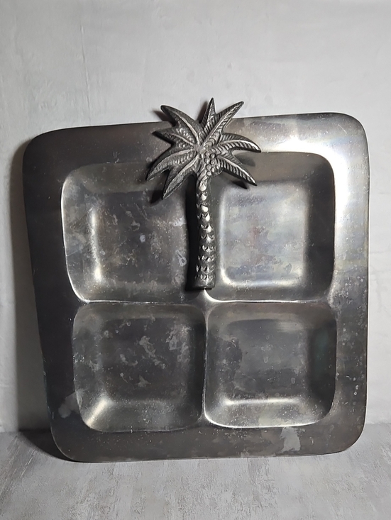 Other - vintage metal relish or veggie serving tray featuring a distinctive palm tree